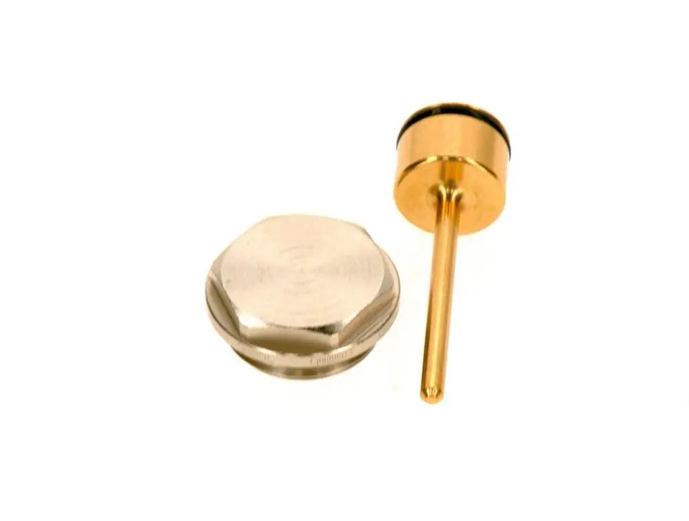 Set aus zwei Metallteilen, darunter ein runder Stopfen und ein zylindrisches Element. Teile in silberner und goldener Farbe, die möglicherweise zu einem Bosch-Produkt gehören.